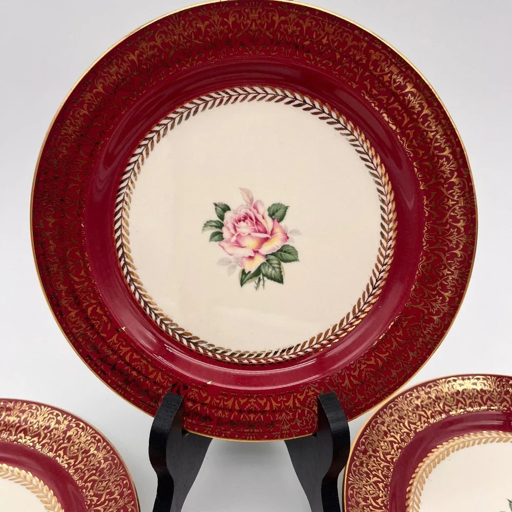 Homer Laughlin Lady Stratford Dessert Plates Set of 7 Maroon Gold Rose 7 1/8